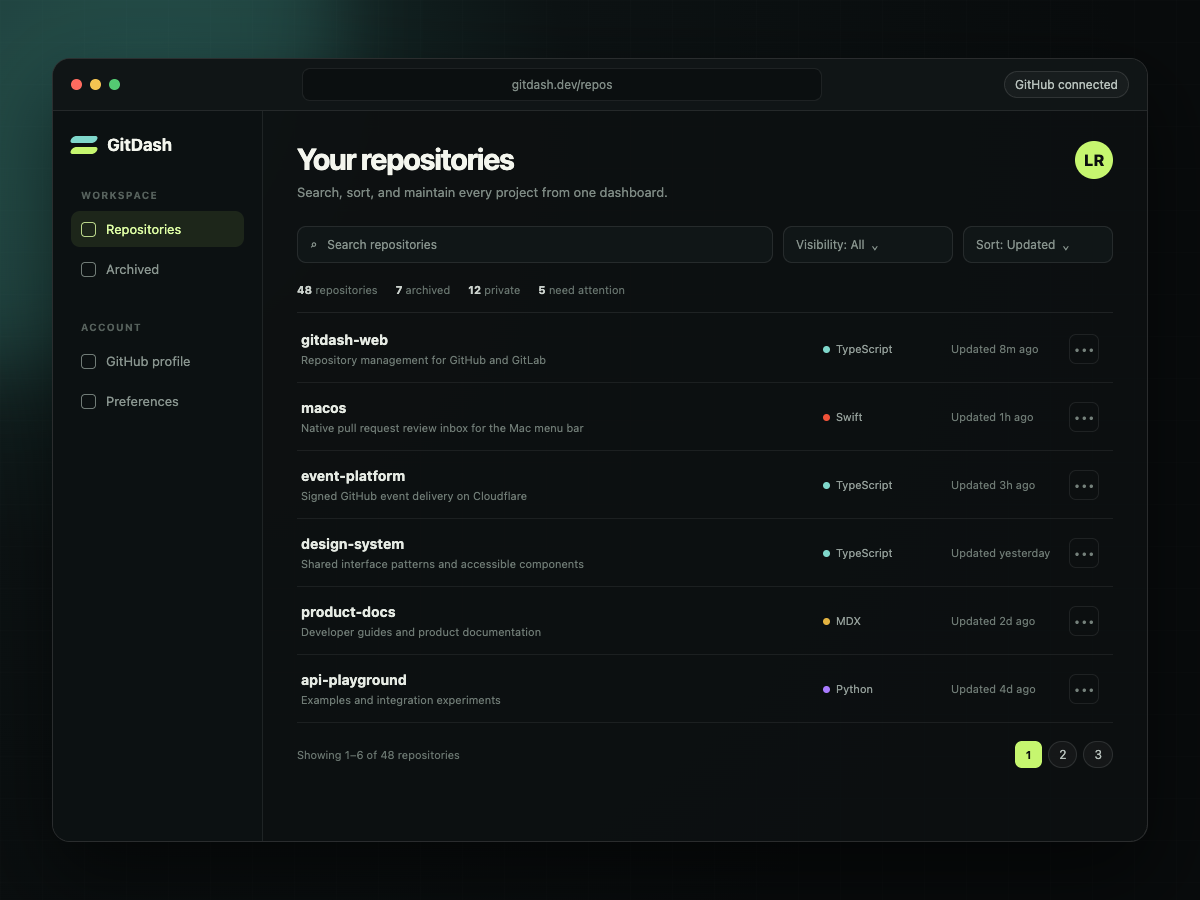 GitDash repository workspace for searching, filtering, and managing GitHub repositories