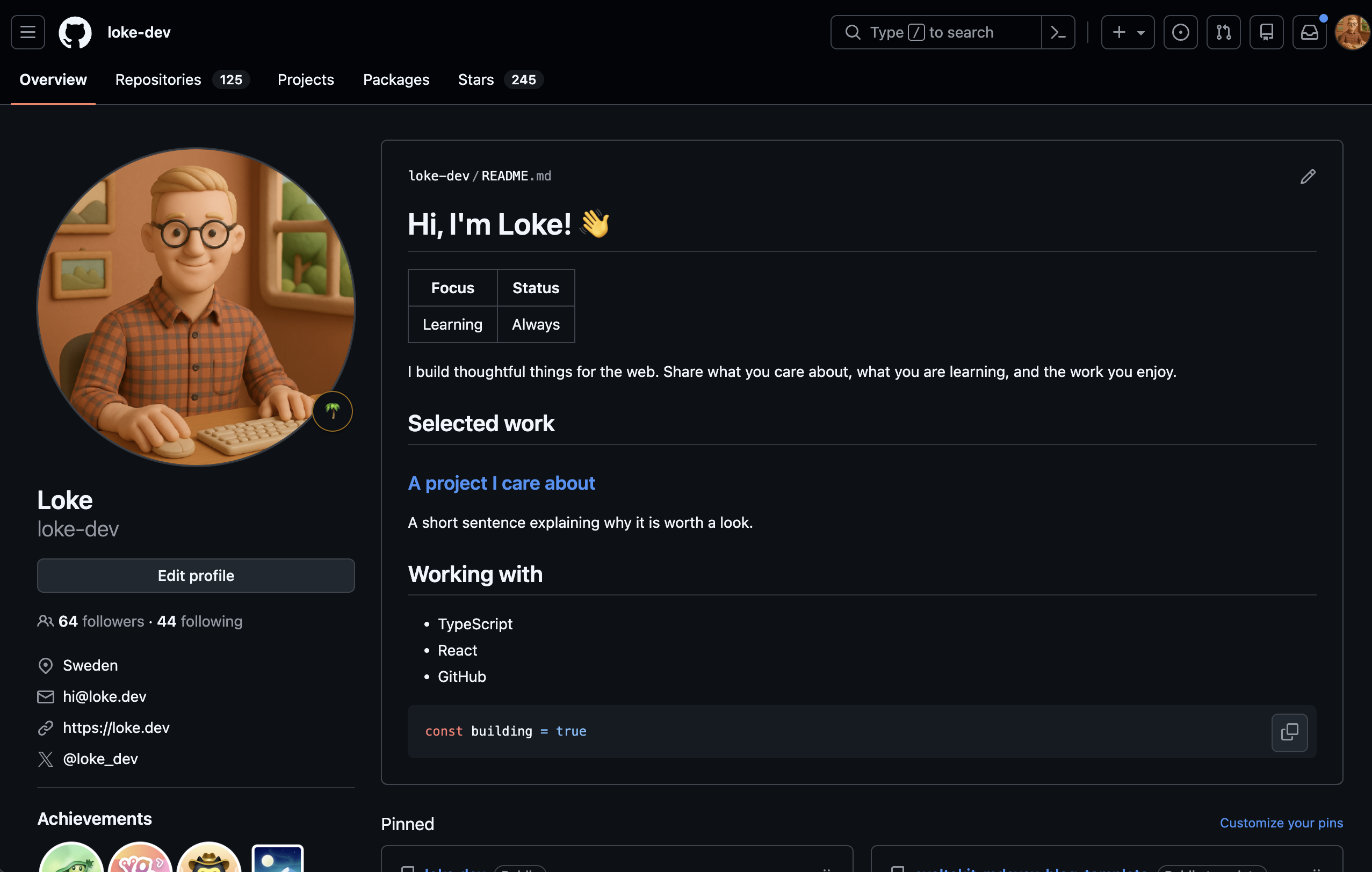 GitDash Profile Studio preview showing a complete GitHub profile README in context