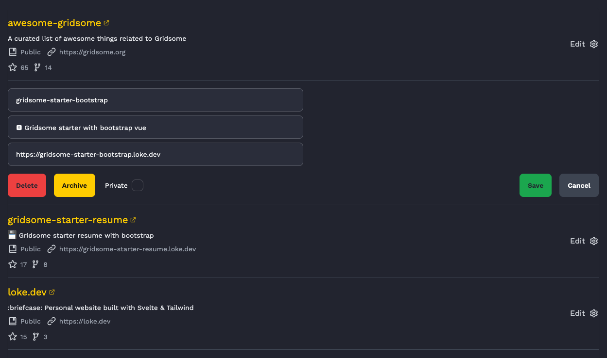 Gitdash repository management dashboard showing organized list of GitHub repositories with action buttons